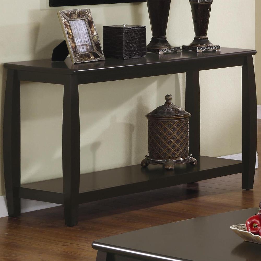 Contemporary Style Solid Wood Sofa Table With Slightly Rounded Shape, Dark Brown