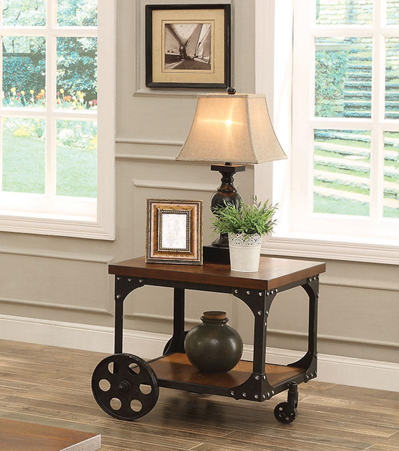 Industrial Style Solid Wooden End Table With Metal Accents & Wheels, Brown - BM184886