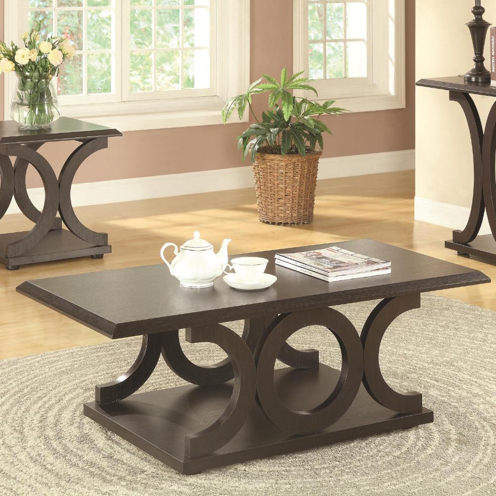 Contemporary Style C-Shaped Coffee Table With Open Shelf, Espresso Brown