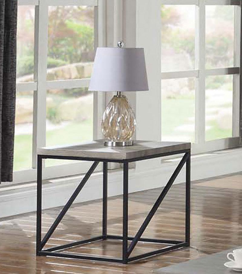 Industrial Style Minimal End Table With Wooden Top And Metallic Base, Gray