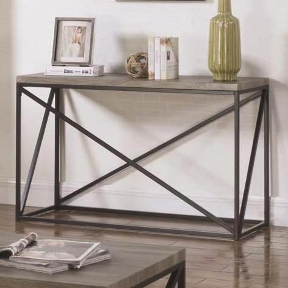 Industrial Style Minimal Sofa Table With Wooden Top And Metallic Base, Sonoma Gray - BM184956