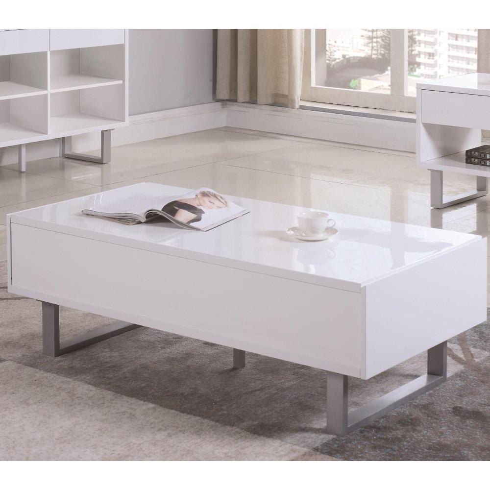 Contemporary Storage Coffee Table With Metallic Base, Glossy White