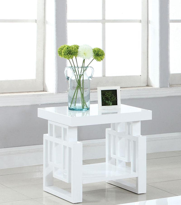 Contemporary Wooden End Table With Designer Sides & Shelf, Glossy White