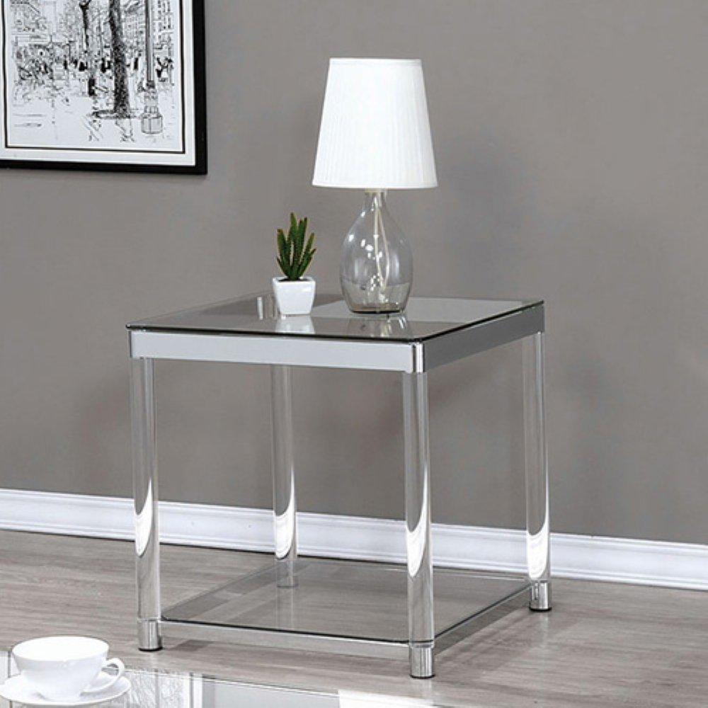 Contemporary End Table With Tempered Glass Top & Chrome Silver Legs, Clear - BM184974