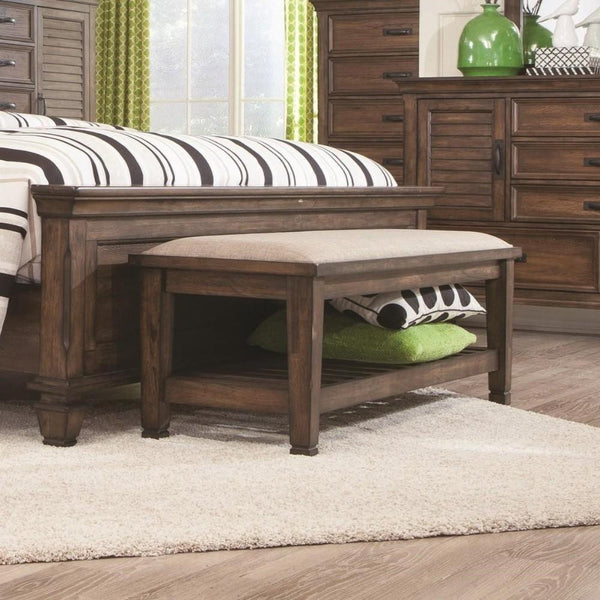 Transitional Style Wooden Bed Bench with Fabric Upholstered Seat, Brown
