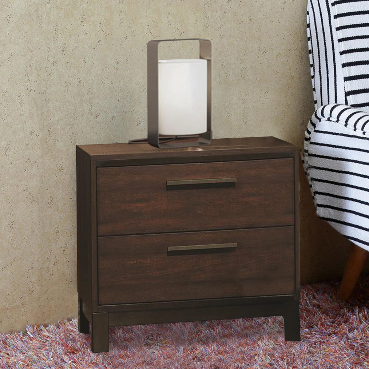 Wooden Nightstand with Two Drawers and Metal Bar Handles, Brown - BM185321