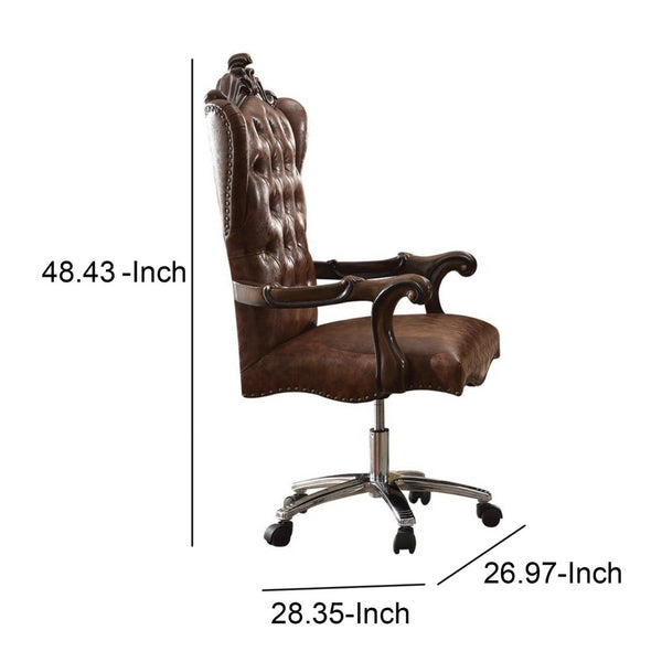 BM185348 Faux Leather Upholstered Wooden Executive Chair With Swivel, Cherry Oak Brown
