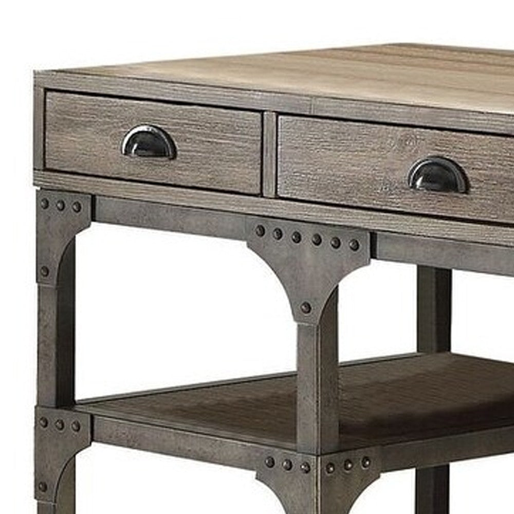 Wooden and Metal Desk With Three Drawers and 2 Side Shelves Brown And Gray BM185351