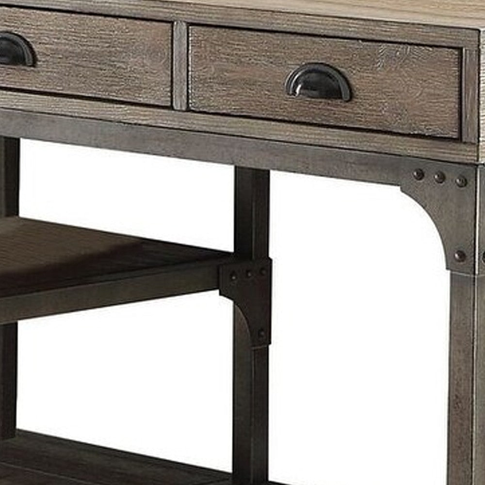 Industrial Wood and Metal Desk with 2 Shelves Brown - Benzara