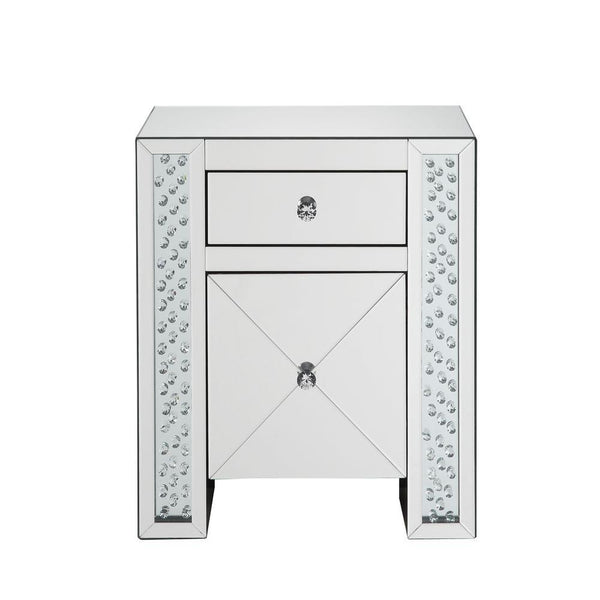 2 Drawer End Table with Mirror Panels and Faux Crystal Inserts, Silver - BM185406