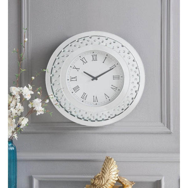 Round Shaped Wall Clock with Faux Crystals Inlay, White - BM185415