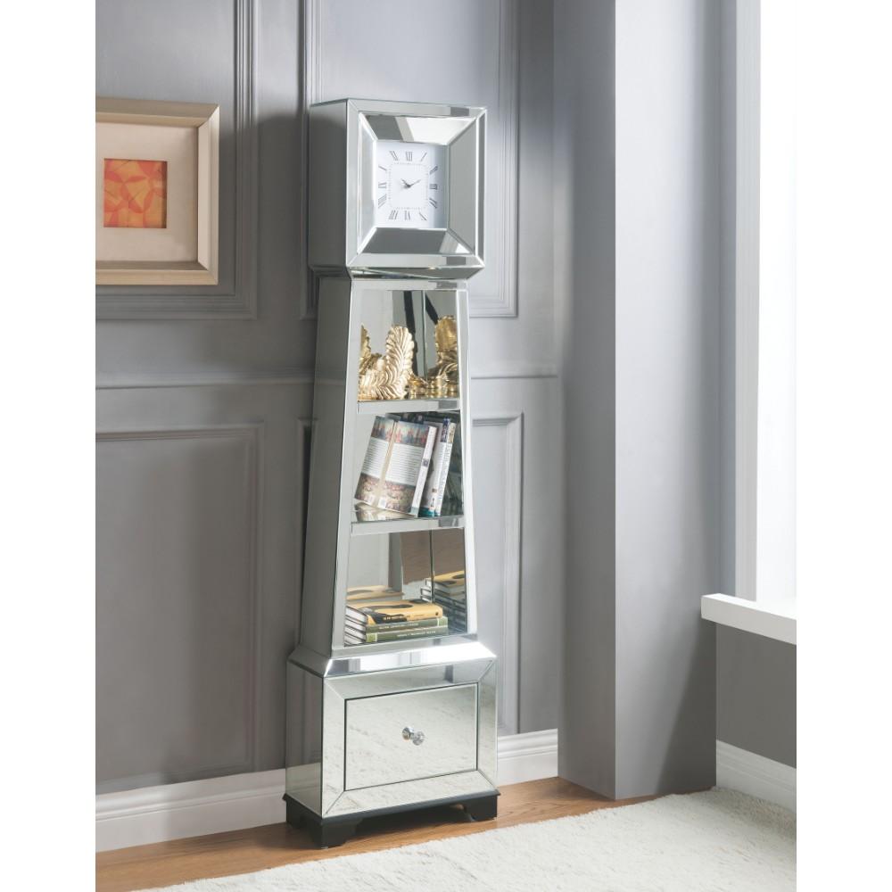 benzara BM185418 Fully Mirrored Wooden Grandfather Clock with Storage & Display Space Silver