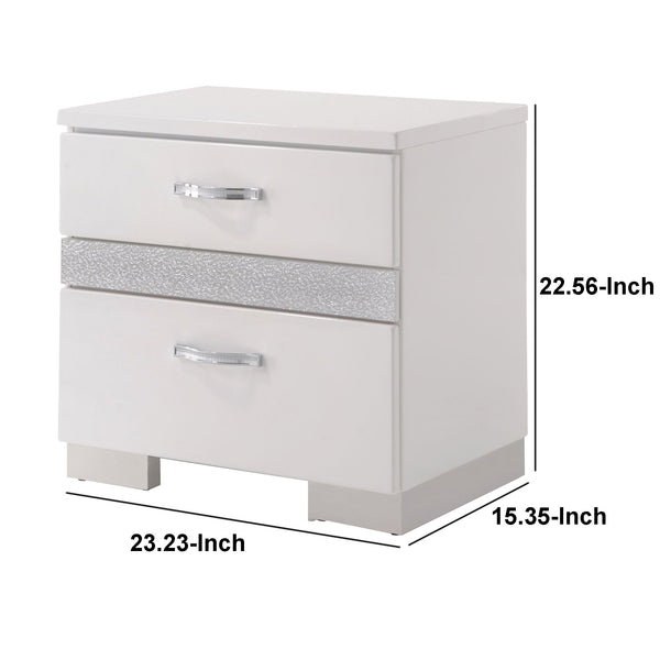 BM185468 Nightstand With Three Center Metal Glide Drawers In White Gloss Finish