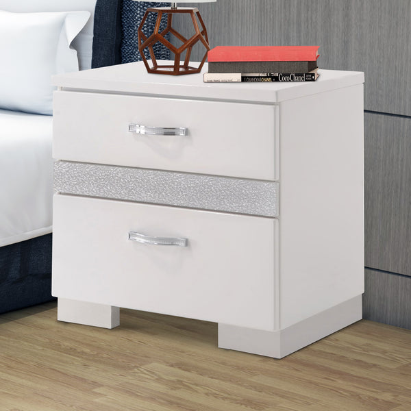 BM185468 Nightstand With Three Center Metal Glide Drawers In White Gloss Finish