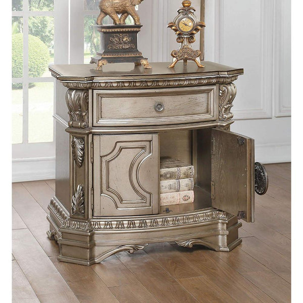 BM185481 Wood Top Nightstand With One Drawer And Two Door Shelf, Antique Champagne