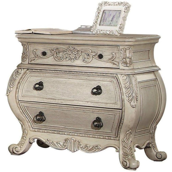 Three Drawer Wooden Nightstand With Scrolled Feet, Antique White - BM185484