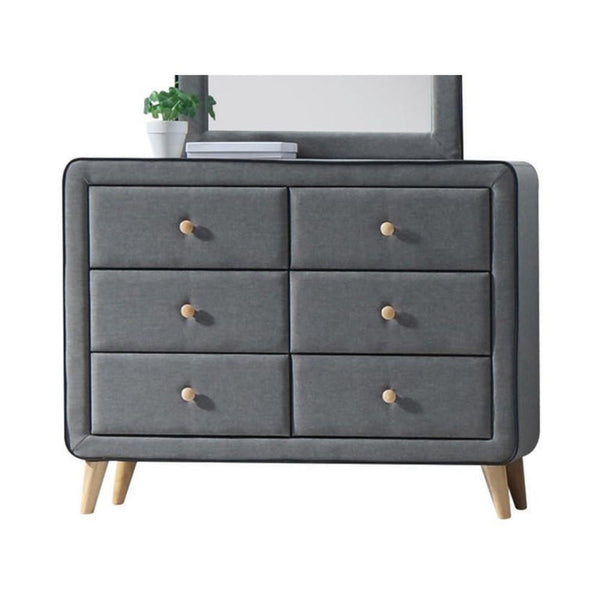 BM185688 Transitional Style Wood and Fabric Upholstery Dresser with 6 Drawers, Gray