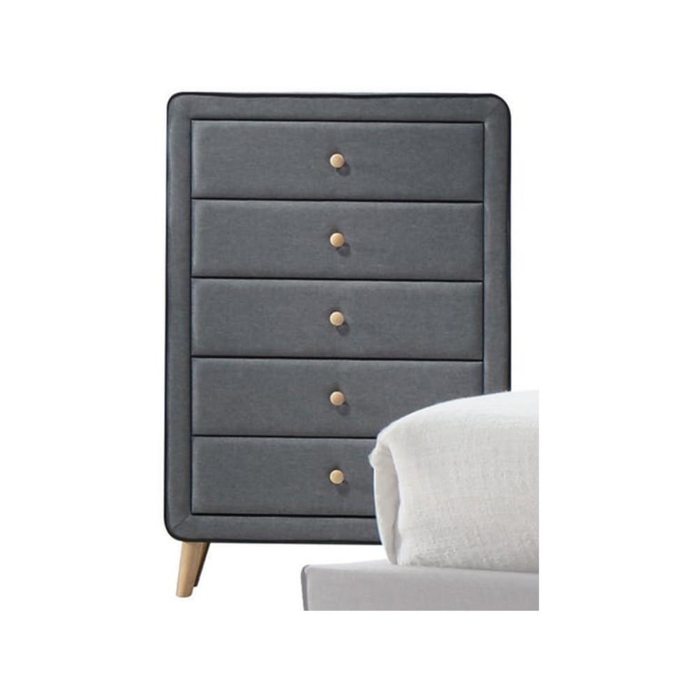 BM185689 Transitional Style Wood and Fabric Upholstery Chest with 5 Drawers, Gray
