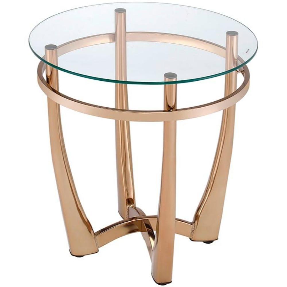Glass Top Round End Table with Metal Base, Champagne Gold and Clear - BM185777