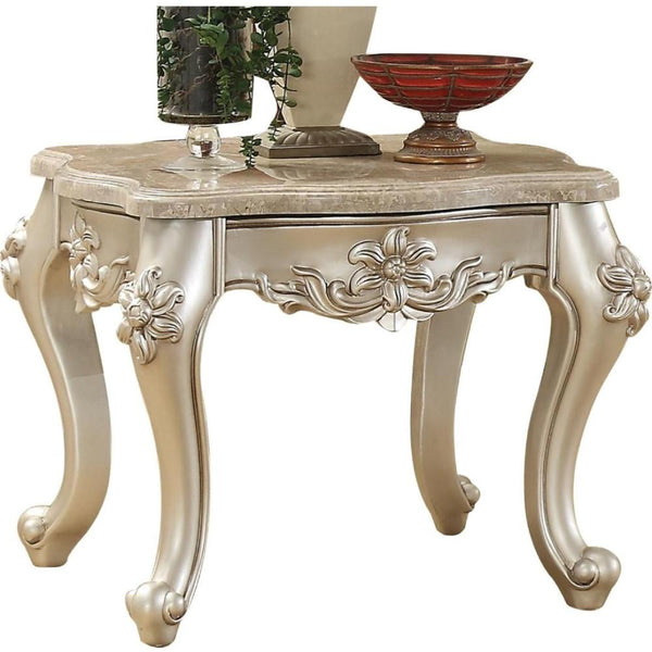 BM185780 Marble Top End Table With Flower Motif Engraved Angular Wood Feet, Silver