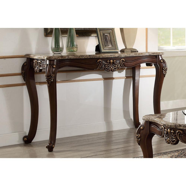 BM185784 Marble Top Sofa Table With Carved Floral Motifs Wooden Feet, Brown