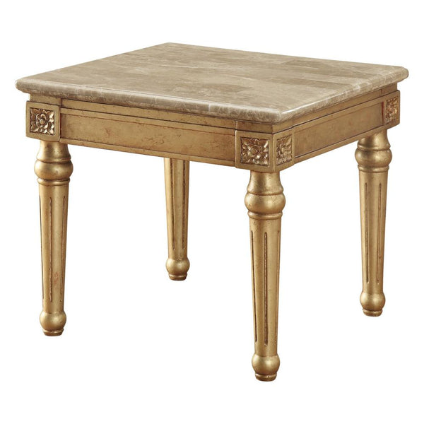 BM185785 Marble Top End Table With Fluted Detail Wooden Turned Legs, Gold