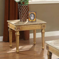 BM185785 Marble Top End Table With Fluted Detail Wooden Turned Legs, Gold