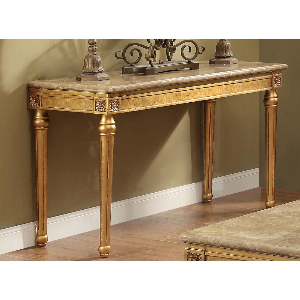 Marble Top Sofa Table With Fluted Detail Wooden Turned Legs, Gold - BM185786