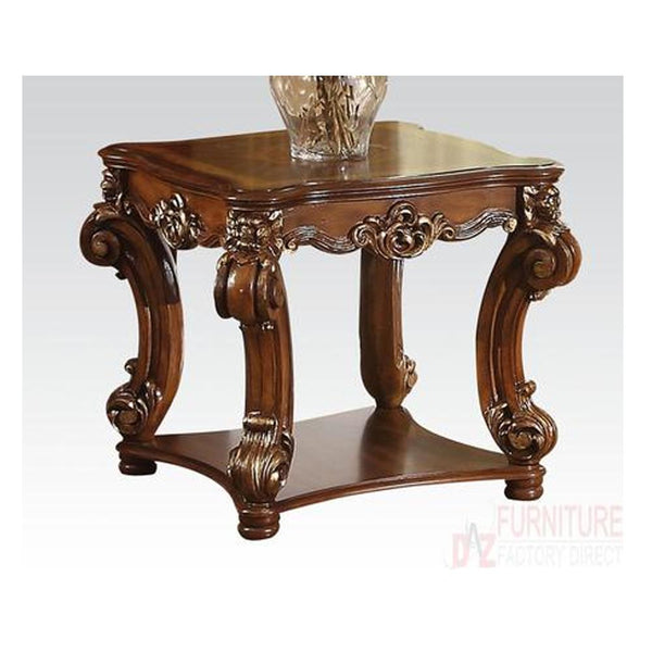 BM185791 Square Top End Table With Scrolled Leg And Bottom Shelf, Cherry Brown