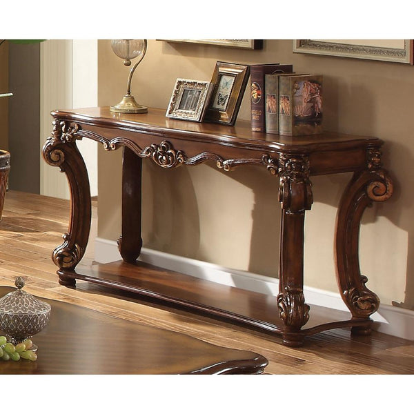 BM185792 Rectangular Sofa Table With Scrolled Leg And Bottom Shelf, Cherry Brown