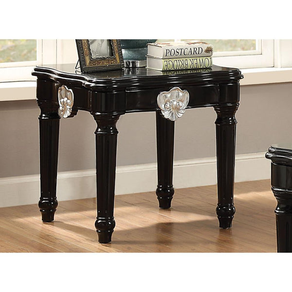 BM185794 Wooden End Table With Contrast Carved Motif Turned Legs, Black