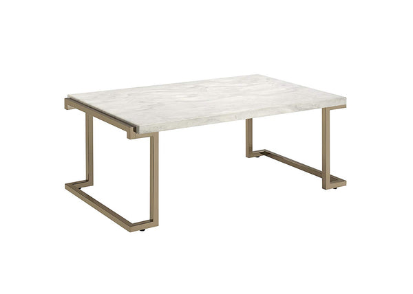 Faux Marble Top Coffee Table With Metal Base, White And Gold - BM185797