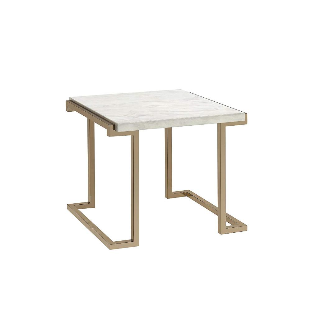 BM185798 Marble Top End Table With Metal Base, White And Gold