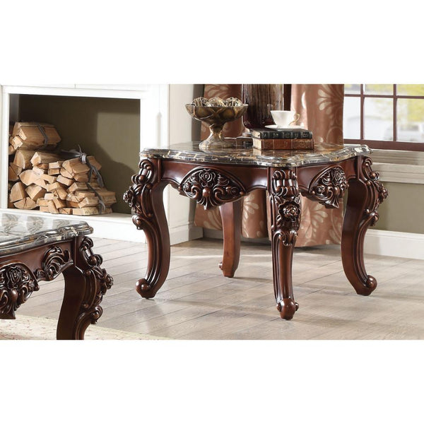 BM185806 Scalloped Marble Top End Table With Carved Floral Motifs, Walnut Brown