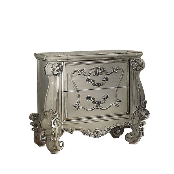 BM185874 Two Drawers Wooden Nightstand with Carved Details, Bone White