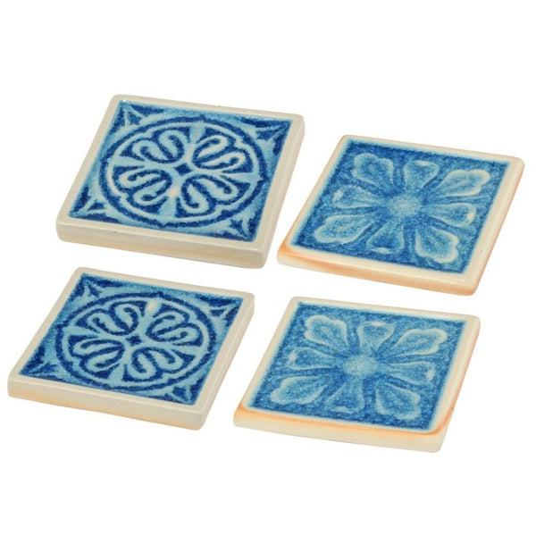 Square Shaped Ceramic Coaster with Intricate Detail, Blue and Cream, Set of Four