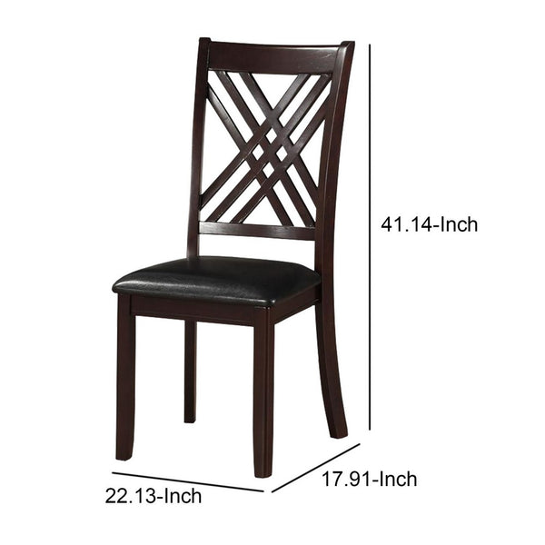 BM186187 Leatherette Wooden Side Chair with Cross Lattice Back, Set of 2, Black and Brown
