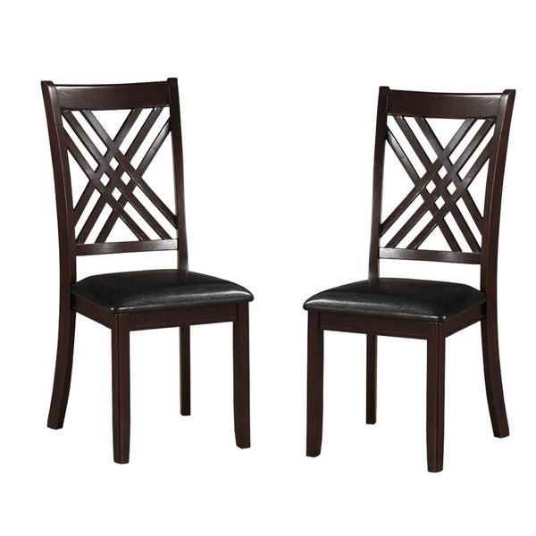 BM186187 Leatherette Wooden Side Chair with Cross Lattice Back, Set of 2, Black and Brown