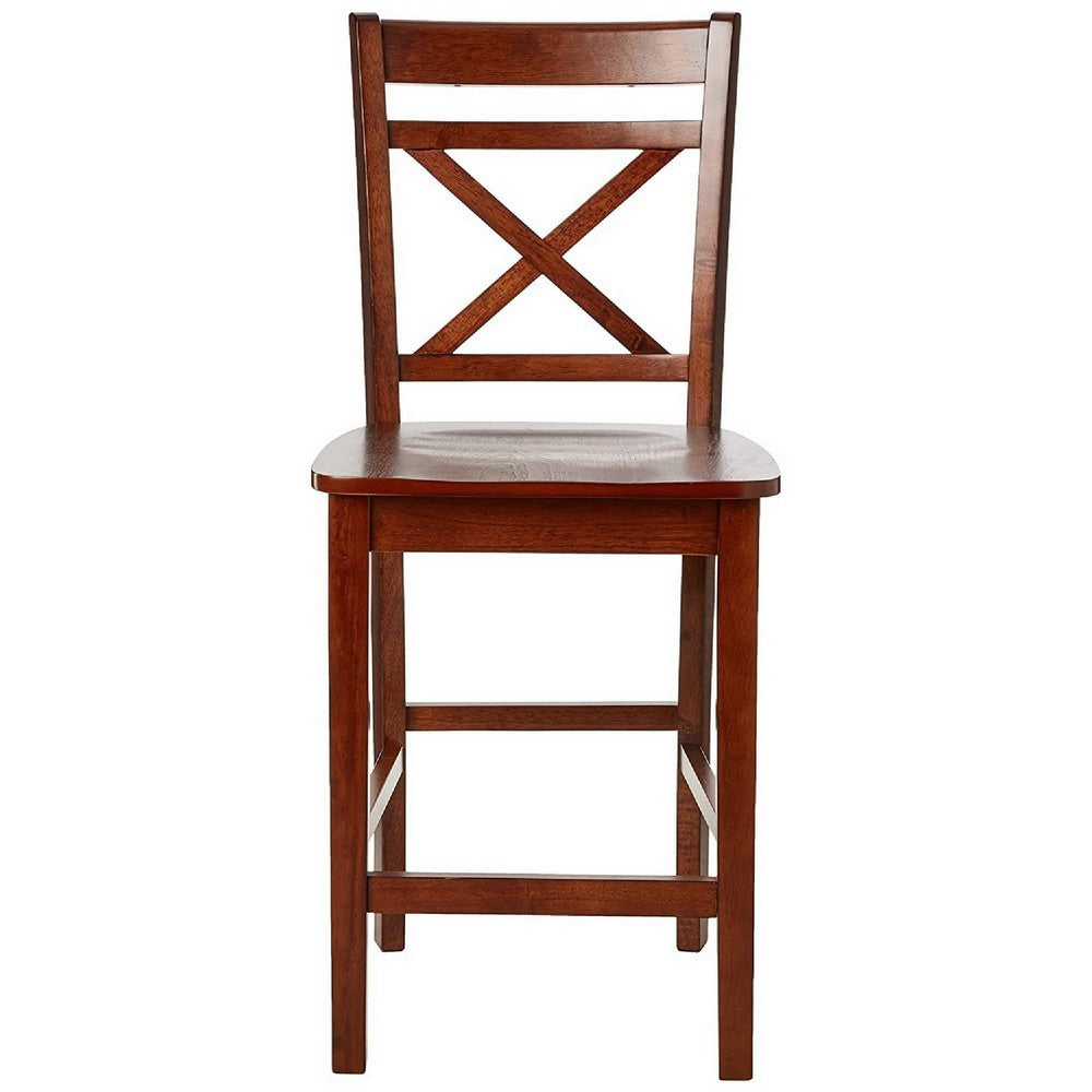 BM186213 Wooden Counter Height Chair with Cross Back, Set of 2, Cherry Brown