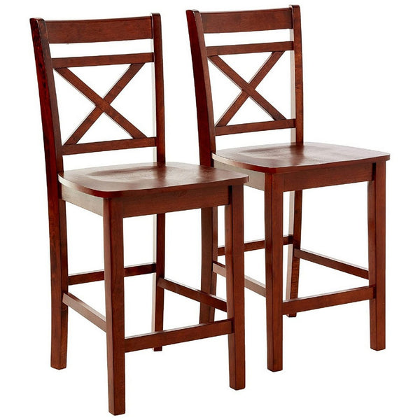 BM186213 Wooden Counter Height Chair with Cross Back, Set of 2, Cherry Brown