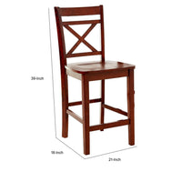 BM186213 Wooden Counter Height Chair with Cross Back, Set of 2, Cherry Brown