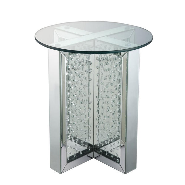 23 Inch Round Mirrored End Table with Glass Top, Silver - BM186246