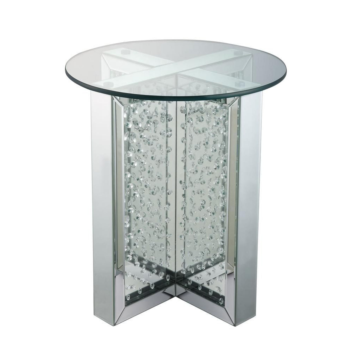 23 Inch Round Mirrored End Table with Glass Top, Silver - BM186246