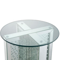 23 Inch Round Mirrored End Table with Glass Top, Silver - BM186246