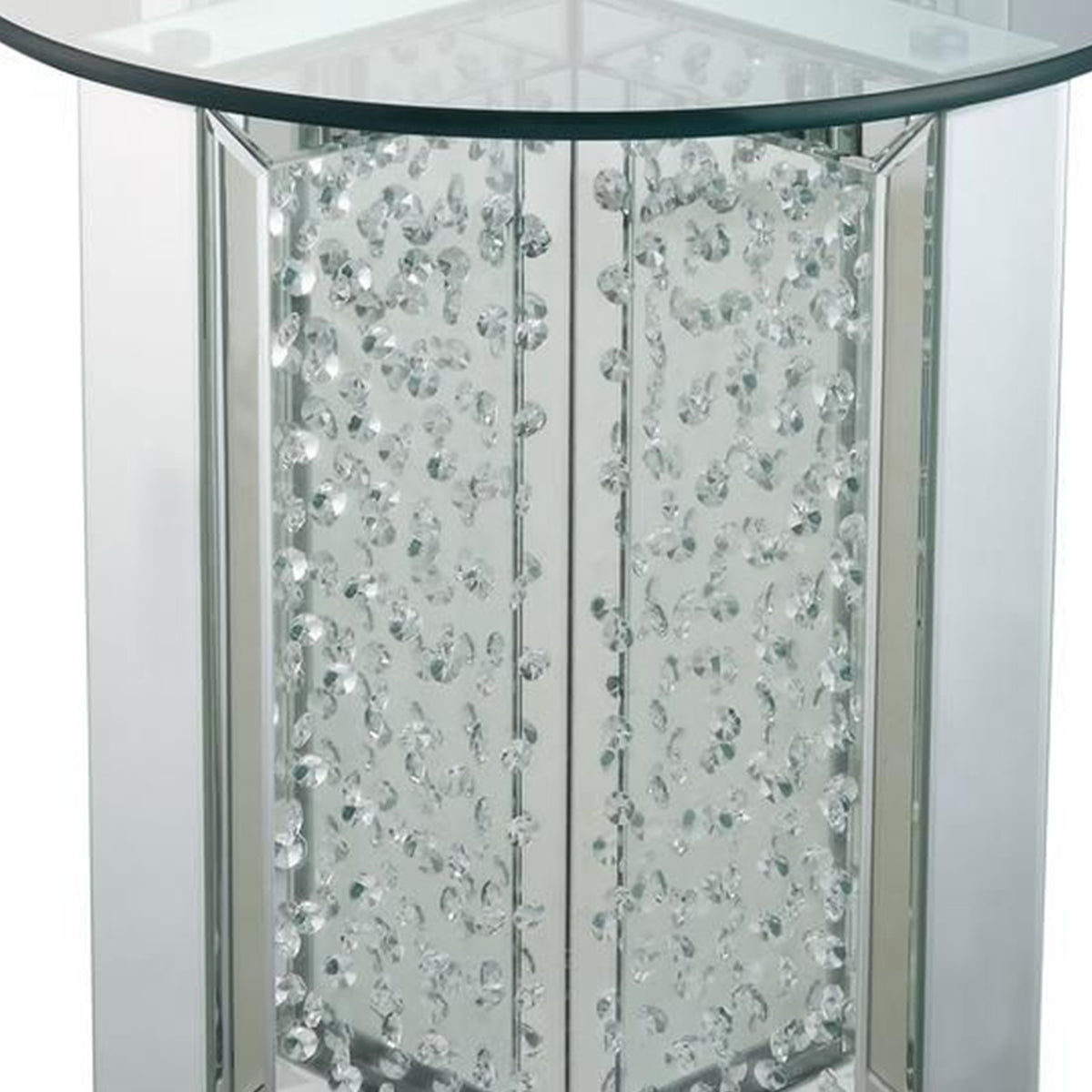 23 Inch Round Mirrored End Table with Glass Top, Silver - BM186246