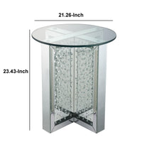 23 Inch Round Mirrored End Table with Glass Top, Silver - BM186246