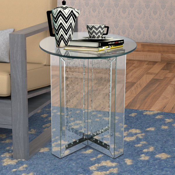 23 Inch Round Mirrored End Table with Glass Top, Silver - BM186246
