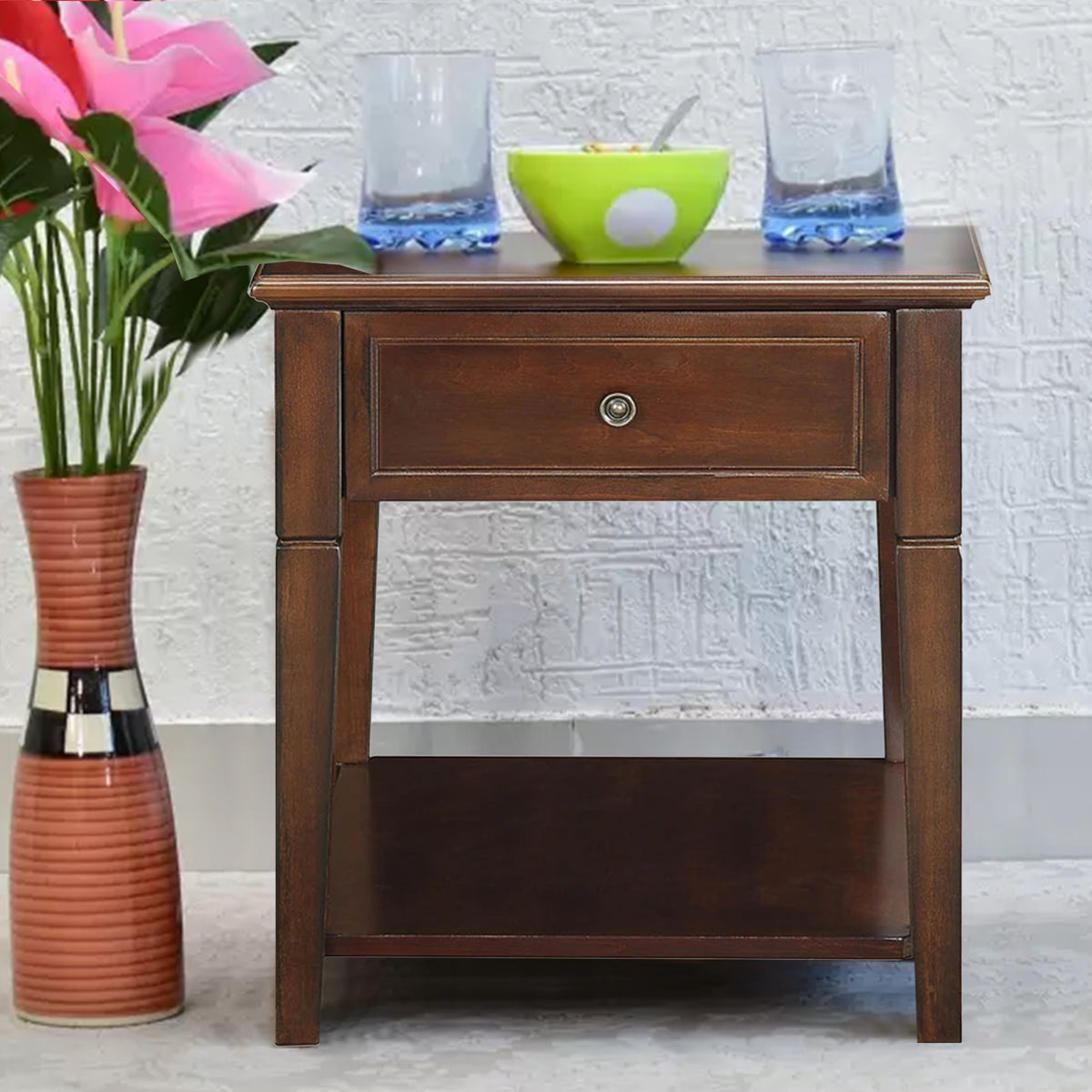 BM186247 Wooden End Table with One Drawer and One Shelf, Walnut Brown