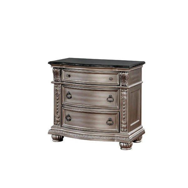BM186322 Solid Wood with Marble Top Nightstand with Three Drawers, Silver