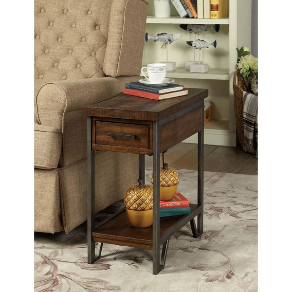 BM186406 Rectangular Wood and Metal Side Table with USB Outlet, Brown and Gray